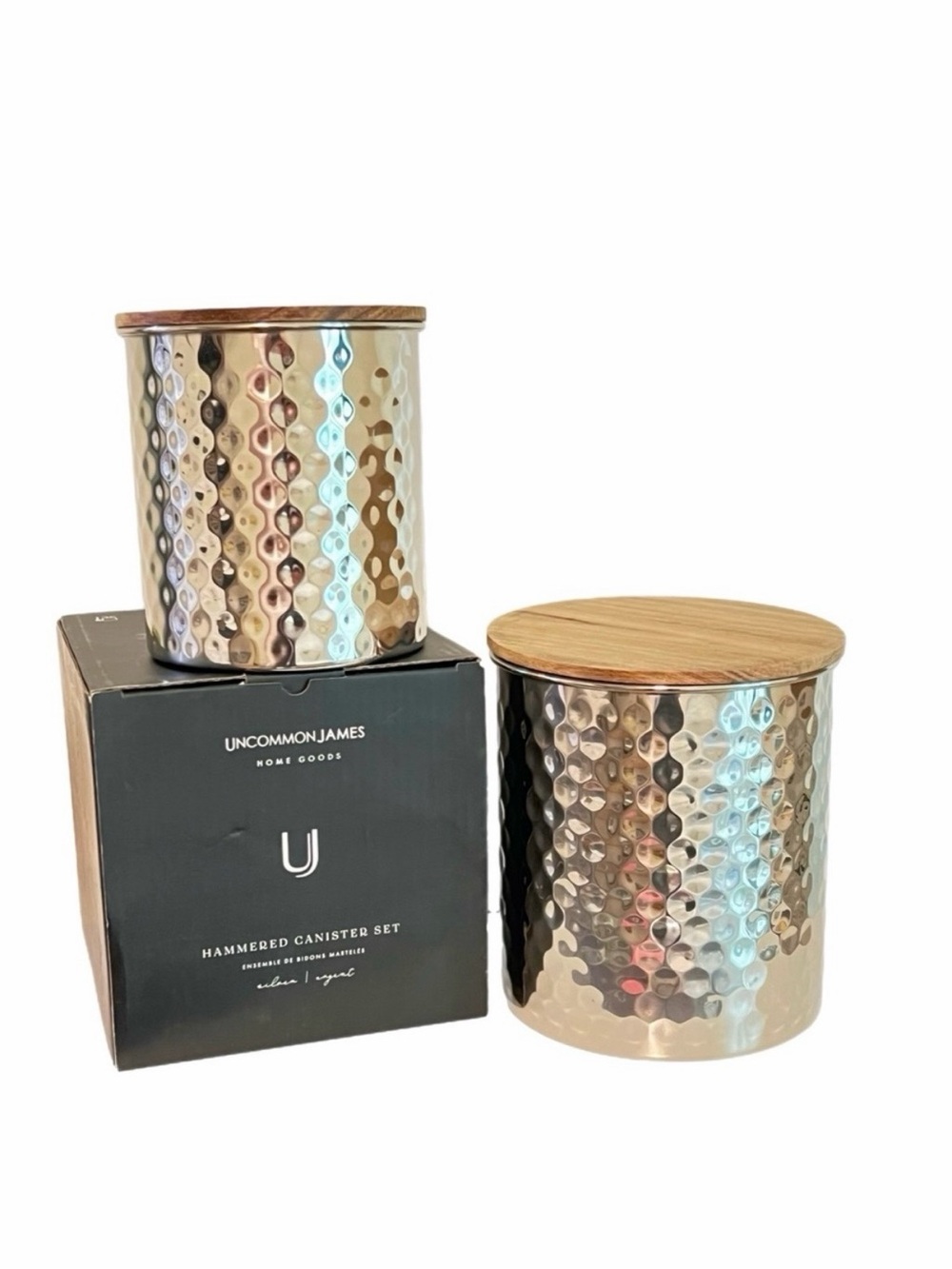 NIB Uncommon James Silver Hammered Canisters - Set of 2